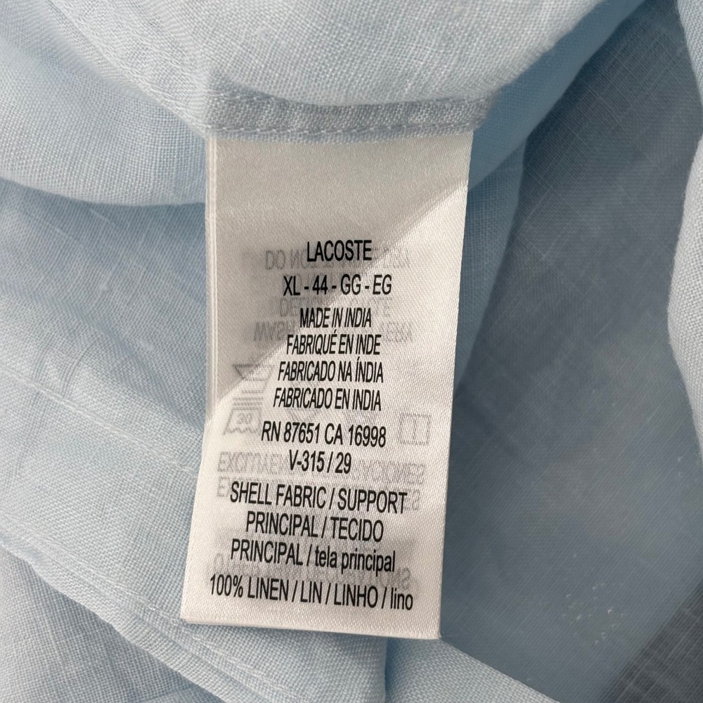 Lacoste Button Down Shirt Men XL Light Blue 100% Linen Short Sleeve NWT CH5699 - Picture 7 of 7